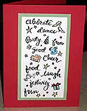 Celebrate...dance...party with party hat, star and other fun Christmas cliparts on white card and layered over gold trim and red card background. Fun Christmas Idea