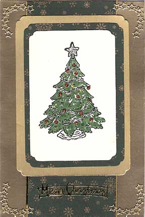 Christmas tree design - handmade card in green and red tree framed in gold handmade greeting card