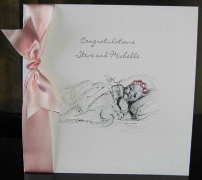 New Baby Card - pink ribbon and hand-stamped baby image make up this sweet card for a new born baby celebration.