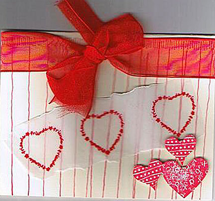 hearts and red bold ribbon Handmade Happy Valentine's Day Card
