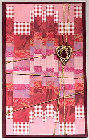 Weaving technique card in shades of red.